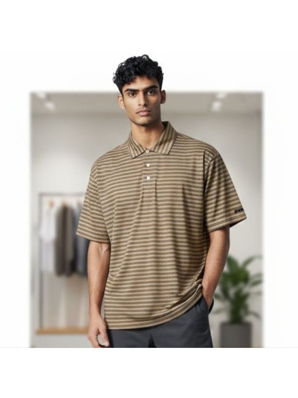 Bolle Polo Shirt Medium Tan Blue White Stripes #T4